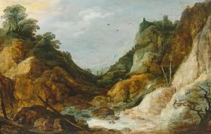 de MOMPER Joos 1564-1635,Mountainous forest landscape with three hunters,Galerie Koller 2024-03-22