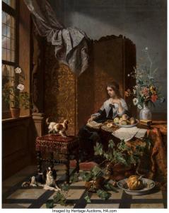 de NOTER David Emil Joseph,A woman with lapdogs in a lavish interior,1852,Heritage 2022-12-08