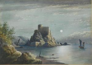 de PARIS George 1829-1911,Moonlit coastal scene with castle, ships and fig,1874,Golding Young & Co. 2019-09-04