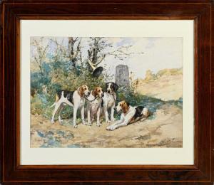 de PENNE Olivier Charles 1831-1897,Relais de chiens au pied d'un arbre avec une trom,Coutau-Begarie 2024-04-17