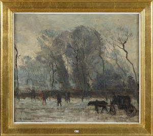de PORRE Clement 1874-1947,Sous-bois animé sur fond de paysage hivernal,VanDerKindere BE 2020-10-07