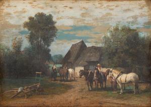 de PRATERE Edmond 1826-1888,Extérieur de ferme avec chevaux,Horta BE 2022-11-14