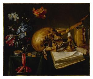 DE SAINT ANDRE Simon Bernard,A still life with a skull, a music book, a snuffed,Sotheby's 2021-01-30