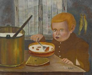 DE SCHRYVER Émile 1891-1957,Interieur mit Kind beim Essen,Dobiaschofsky CH 2010-05-05