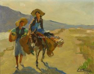 DE TOMBAY Ellen 1918-1998,Deux jeunes femmes en route avec un âne,1968,Campo & Campo BE 2020-06-23