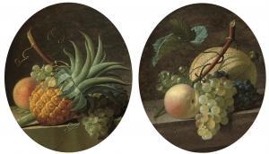 DE VEILLY JEAN LOUIS,A pineapple, grapes, and a peach on a stone ledge;,Christie's 2008-12-02