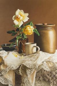 DE VOE,Still life with yellow roses on table with objects,1988,John Moran Auctioneers US 2019-06-23