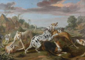 de VOS Paul 1596-1678,Dogs fighting in a clearing, with a village beyond,Woolley & Wallis 2024-03-06
