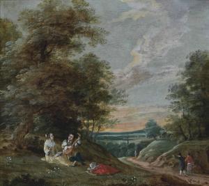 de WITTE Gaspar 1624-1681,A wooded landscape with an amorous couple and trav,Christie's 2012-10-24