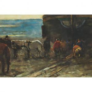 de ZWART Willem 1862-1931,MEN WORKING ON A BEACHED BOAT,Waddington's CA 2022-06-16