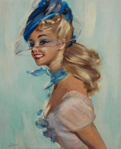 DEBIL 1900,Portrait of a lady wearing a blue hat,20th century,Rosebery's GB 2023-06-06