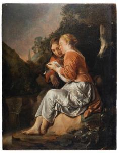 DEBRAY Jan 1626-1697,Junges Hirtenpaar mit einem Notenblatt vor antikis,Nagel DE 2018-10-10