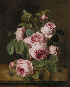DECAUX Iphigenie 1780-1862,Pink roses in a glass vase on a marble edge,Christie's GB 1999-04-16