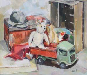 DEDION,still life study of a teddy bear, toy lorry, helmet, trunk and pallet,Denhams GB 2016-09-28