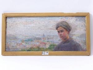 DEFIZE Alfred 1873-1944,Portrait de femme devant un village wallon,VanDerKindere BE 2021-10-26