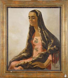 DEGENEVE Robert 1919-2008,Portrait de Femme à la Mantille,Galerie Moderne BE 2018-02-27