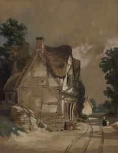 DELAMOTTE William Alfred,An old thatched house beside a path with two figur,Rosebery's 2023-03-29
