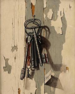 DELAPORTE Janine,Trompe-l'œil style study of keys hanging from a na,1981,Duke & Son 2019-03-21