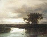 DELARINGNE F.S 1800-1800,View of a lake with fields beyond, sunset,1880,Christie's GB 2004-08-26