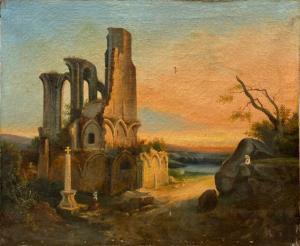 DELAUNEY Alfred Alexandre,Eglise en ruine au soleil couchant avec une villag,Eric Caudron 2022-11-04