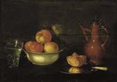 DELFF Cornelis Jacobsz.,Apples and grapes in a porcelain bowl, a bread rol,Christie's 2007-07-04
