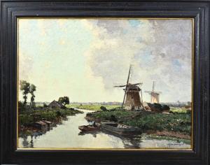 DELFGAUW G.J.,Polder view with windmills and figure in rowing bo,Twents Veilinghuis 2024-01-11