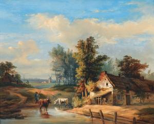 DELFOSSE AUGUSTE 1832-1899,Bauer mit Kühen bei Furt und Gehöft,Dobiaschofsky CH 2010-11-10