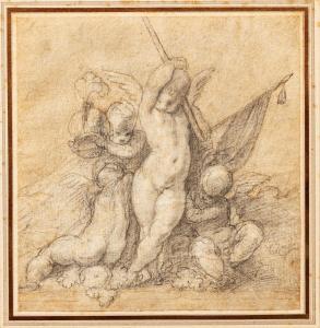 DELL'ABBATE Nicolò 1511-1571,Four putti holding two flags and a helmet ﻿,Sotheby's GB 2022-01-26