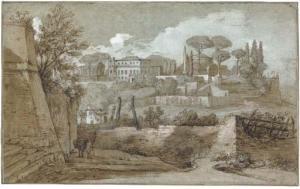DELOBEL Nicolas 1693-1763,A view of houses and temples on a hill with pine t,Christie's 2005-01-25