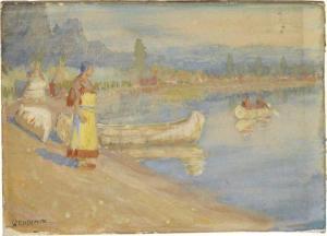 DEMING Edwin Willard,River Scene with Native Americans and Canoes,Swann Galleries 2012-06-14