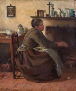 DENNERY Gustave L. 1863-1953,Jeune femme près de l\’âtre,1891,Adjug'art FR 2019-06-18