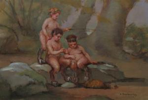 DEPLANCHES A 1900-1900,FAUNS PLAYING WITH A TURTLE,20th Century,Sloans & Kenyon US 2012-12-08