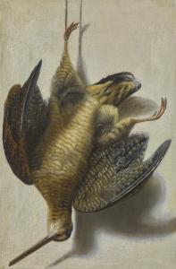 der BILTIUS Cornelis,A TROMPE L'OEIL WITH A WOODCOCK HANGING BEFORE A W,Sotheby's 2018-05-02