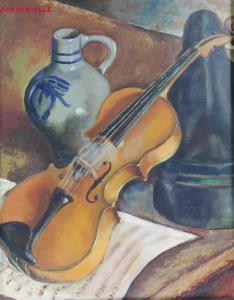 DERUELLE,Still life study of a violin, jug and sheet music,Denhams GB 2017-05-17
