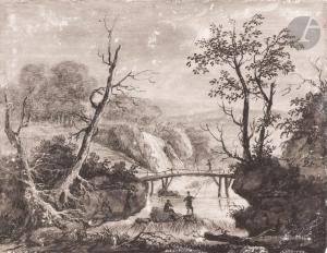 DESFRICHES Aignan Thomas 1715-1800,Pêcheurs au pied d\’une cascade,Ader FR 2024-03-22