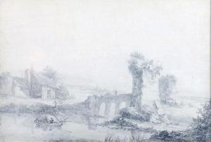 DESFRICHES Aignan Thomas 1715-1800,Paysage au pont et aux pêcheurs,De Maigret FR 2023-06-09