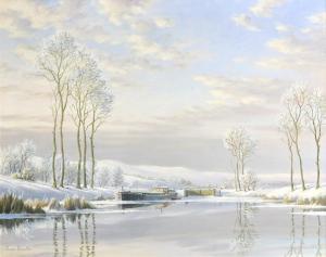 DESOUTTER Roger Charles 1923,Winter river landscape with barge,Ewbank Auctions GB 2020-12-10
