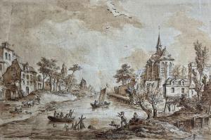 DESRAIS Claude Louis 1746-1816,Vue imaginaire d'un village en bord de rivière,Neret-Minet 2024-03-29