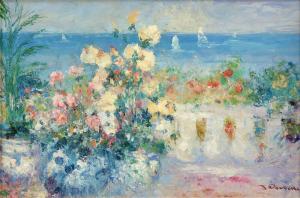 DEVEAU JACQUES 1937,Flowers on the Terrace Overlooking Sailboats,Simpson Galleries US 2022-02-12