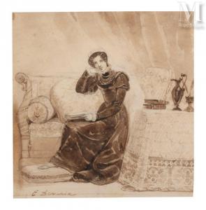 DEVERIA Eugene 1808-1865,Portrait de femme accoudée sur sofa,Millon & Associés FR 2023-11-23