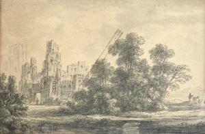 DEVIS Anthony Thomas 1729-1817,Paysage aux ruines d'église animé de personnage, b,Libert 2023-07-06