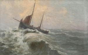 DEVOS Albert Isidore 1868-1950,Vissersschuit op woelige zee,Bernaerts BE 2019-03-19