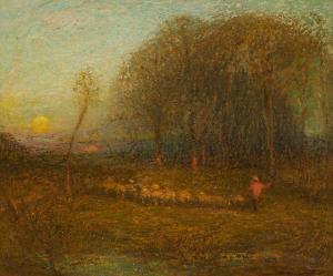DEWEY Charles Melville 1849-1937,A farmer herding sheep,John Moran Auctioneers US 2023-05-09
