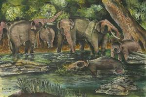 DHARMASIRIWARDENA Ravikanth,elephant herd at a watering hole,Ewbank Auctions GB 2018-10-25