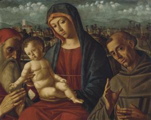di MANSUETI Giovanni Niccolo 1470-1527,The Madonna and Child with Saints Jerome and Fran,Christie's 2020-06-19