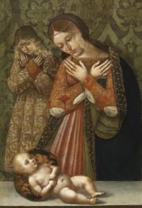 di ZAGANELLI Bernardino Bosino 1460-1510,Maria und ein Engel in Anbetung des Kinde,Palais Dorotheum 2012-10-17