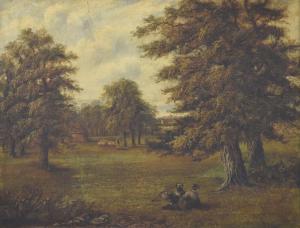 DICKINS Constance 1800-1900,a parkland scene with figures and animals,1879,Charterhouse 2019-07-18
