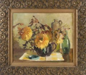 DIEHL Cal,Still life of yellow dahlias, dried leaves, stonew,20th Century,Eldred's US 2022-01-27