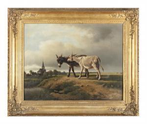 DIELMAN PIERRE EMMANUEL I,Two donkeys standing by a pond, in a pastoral land,1854,Adams 2021-10-19