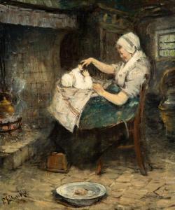 DIERCKX Pierre Jacques 1855-1947,Mère et enfant près de la cheminée,De Vuyst BE 2020-03-07